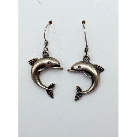 Vintage Sterling Silver Dolphin Dangle Earrings Beach Marine Fish 925 - Picture 6 of 6